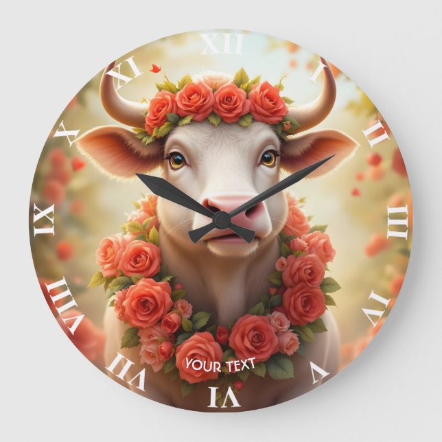 Fantasy Cute Lovely Cow Roses Large Clock (Front)