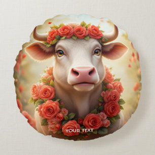 Fantasy Cute Lovely Cow Roses Round Cushion