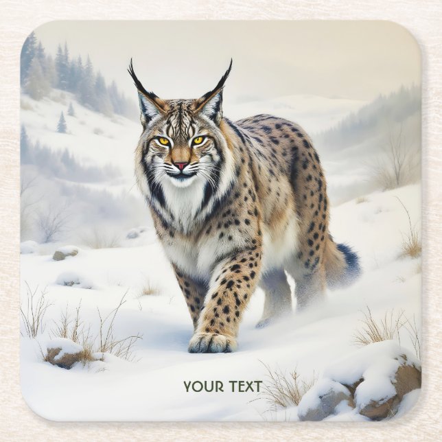 Fantasy Cute Lynx Winter Snow Square Paper Coaster (Front)