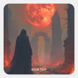 Fantasy Cute Man Moon Red Square Sticker