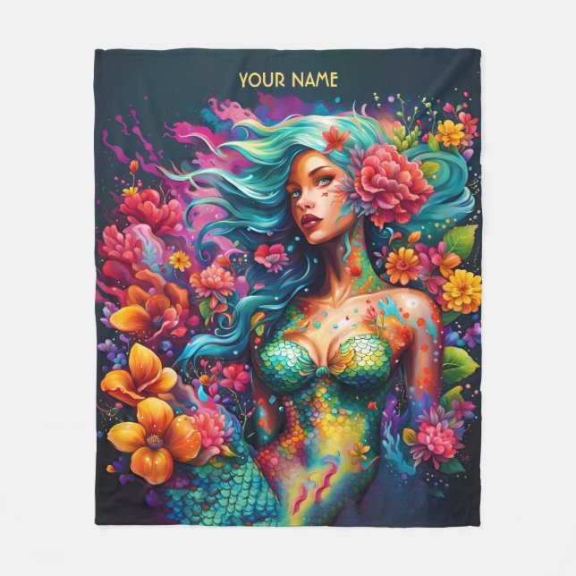 Fantasy Cute Mermaid Hat Flowers Fleece Blanket (Front)