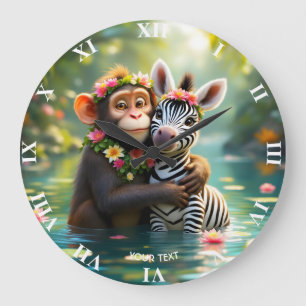 Fantasy Cute Monkey Zebra Hug  Large Clock