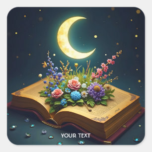 Fantasy Cute Moon Book Flowers Square Sticker