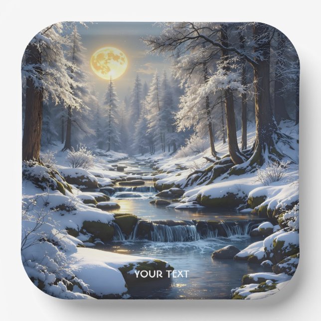 Fantasy Cute Moon Winter Forest Paper Plate (Front)