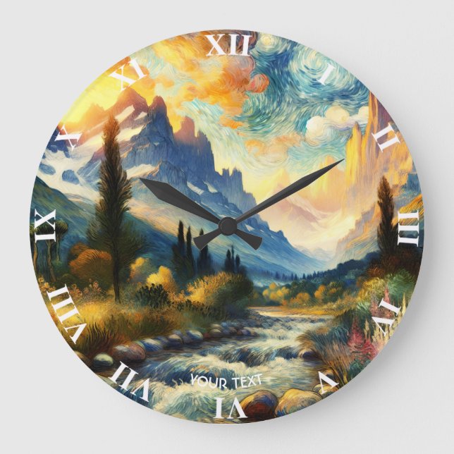 Fantasy Cute Mountains Landscape Sunset Large Clock (Front)