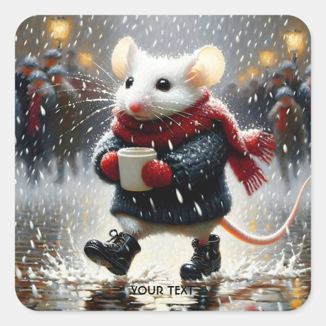 Fantasy Cute  Mouse Coffee Coat Square Sticker (Front)