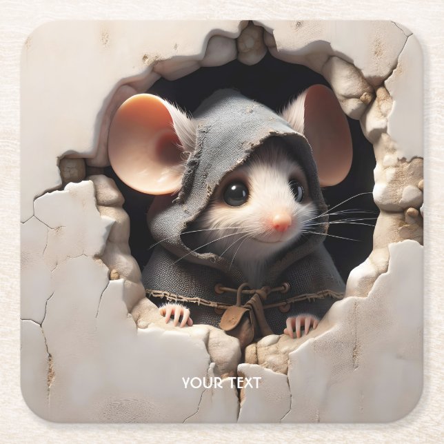 Fantasy Cute Mouse Cracked Wall Square Paper Coaster (Front)