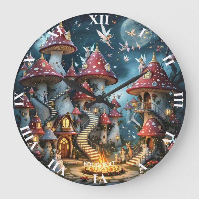 Fantasy Cute Mushroom Forest Realm Large Clock (Front)