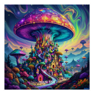Fantasy Cute Mushroom Rainbow Skies Poster