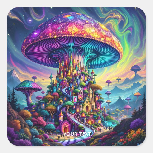 Fantasy Cute Mushroom Rainbow Skies Square Sticker (Front)