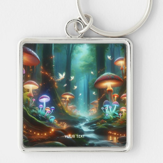 Fantasy Cute Mushrooms Forest Night Key Ring (Front)
