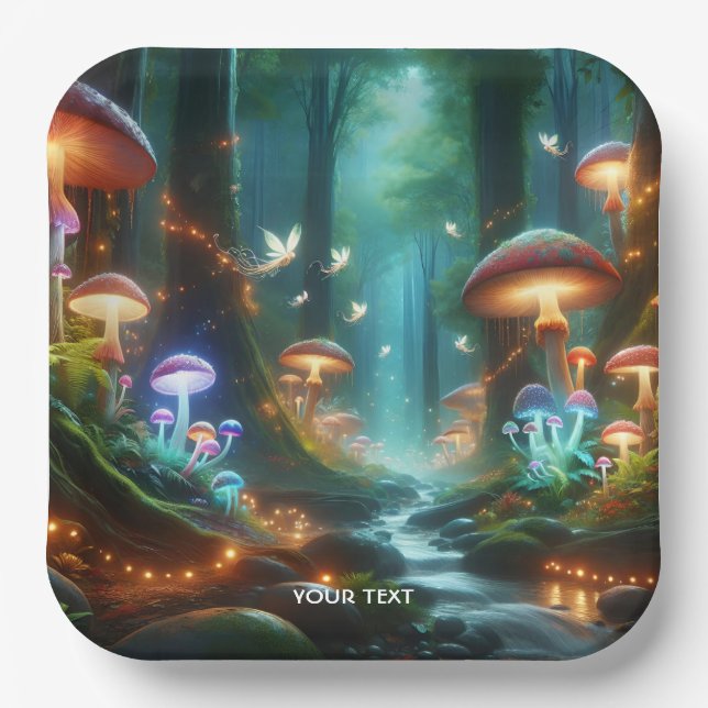 Fantasy Cute Mushrooms Forest Night Paper Plate (Front)