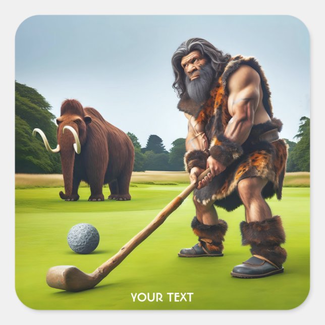 Fantasy Cute Neandertal Playing Golf Square Sticker (Front)