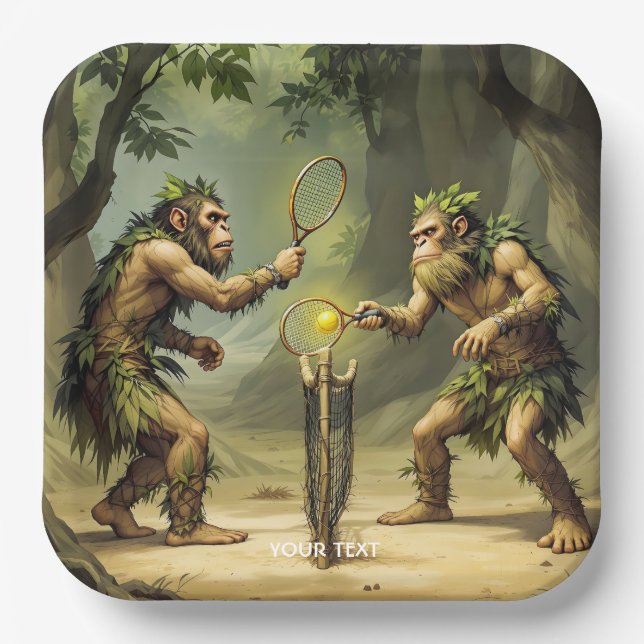 Fantasy Cute Neandertals Playing Tennis Paper Plate (Front)