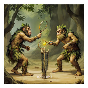 Fantasy Cute Neandertals Playing Tennis Poster