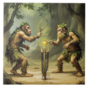 Fantasy Cute Neandertals Playing Tennis Tile