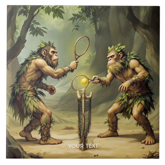 Fantasy Cute Neandertals Playing Tennis Tile (Front)
