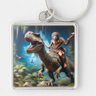 Fantasy Cute Neanderthal Riding Dinosaur Key Ring
