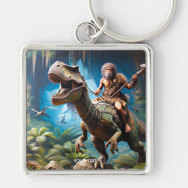 Fantasy Cute Neanderthal Riding Dinosaur Key Ring (Front)