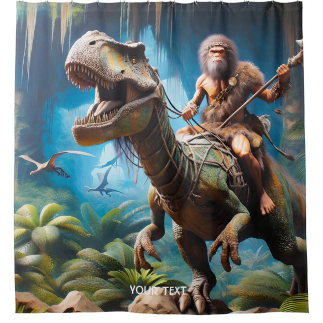 Fantasy Cute Neanderthal Riding Dinosaur Shower Curtain (Front)