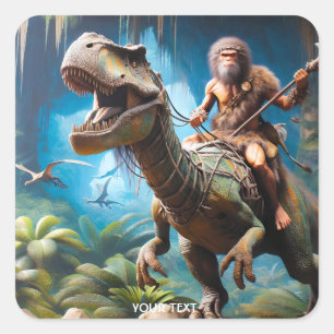 Fantasy Cute Neanderthal Riding Dinosaur Square Sticker