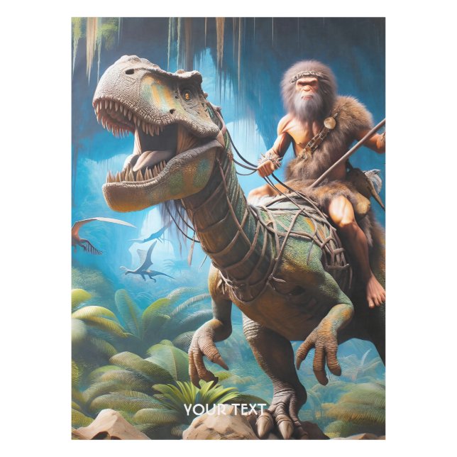 Fantasy Cute Neanderthal Riding Dinosaur Tablecloth (Front)