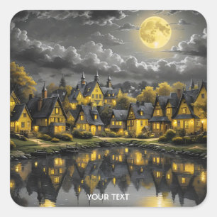 Fantasy Cute Night Lake Moon Square Sticker