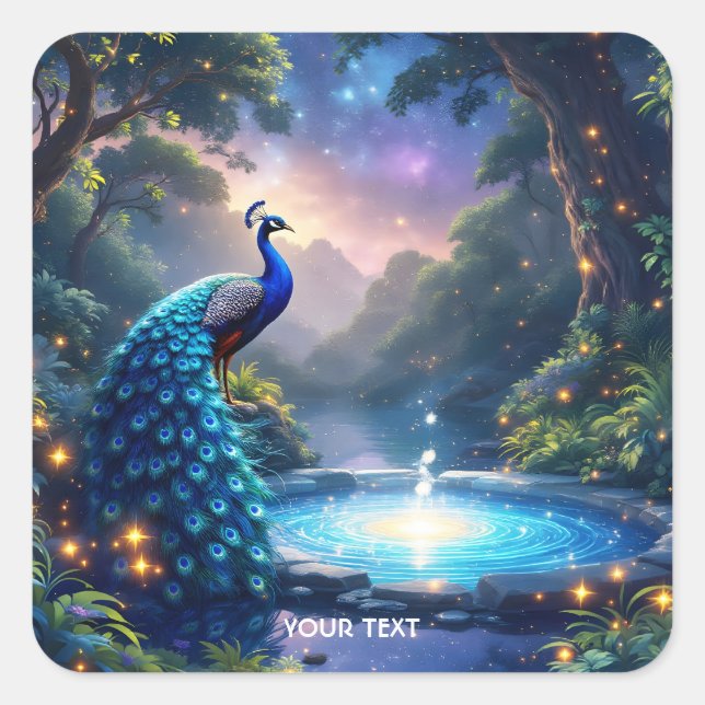 Fantasy Cute  Night Puddle Peacock Square Sticker (Front)