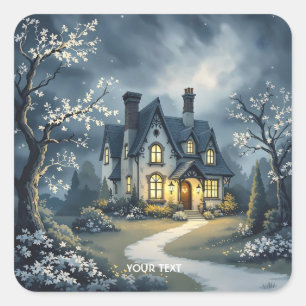 Fantasy Cute Old House Night Square Sticker