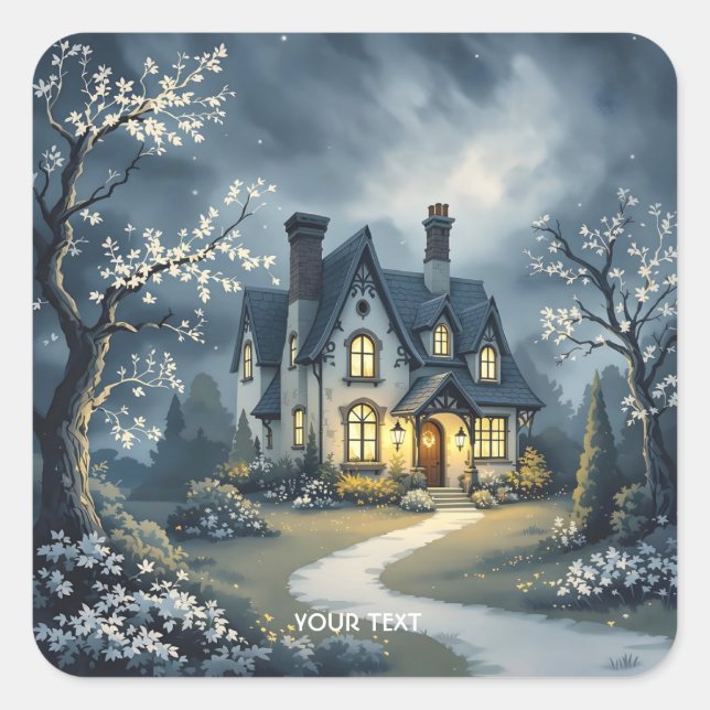 Fantasy Cute Old House Night Square Sticker (Front)