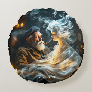 Fantasy Cute Old Man Smoke Round Cushion