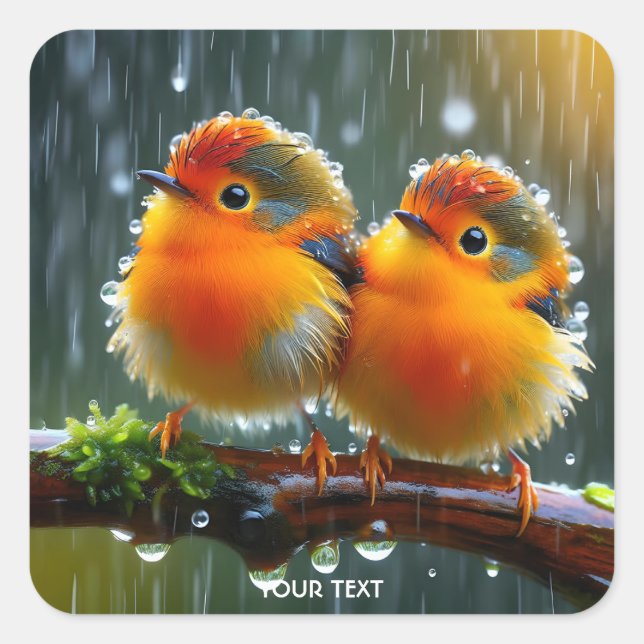 Fantasy Cute Orange Birds Rain Square Sticker (Front)