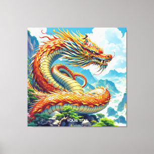 Fantasy Cute Orange Dragon Mountains Canvas Print