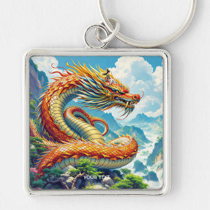 Fantasy Cute Orange Dragon Mountains Key Ring