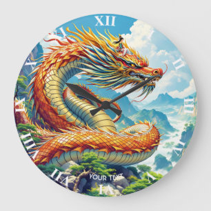 Fantasy Cute Orange Dragon Mountains Large Clock
