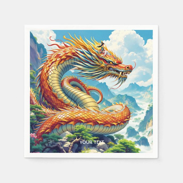 Fantasy Cute Orange Dragon Mountains Napkin (Front)
