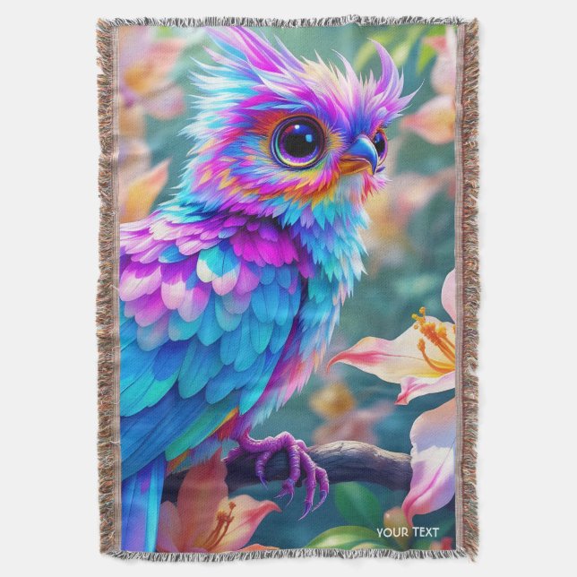 Fantasy Cute Orchid Exotic Bird Throw Blanket (Front Vertical)