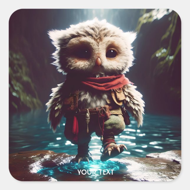 Fantasy Cute Owl Adventurer Water Square Sticker (Front)