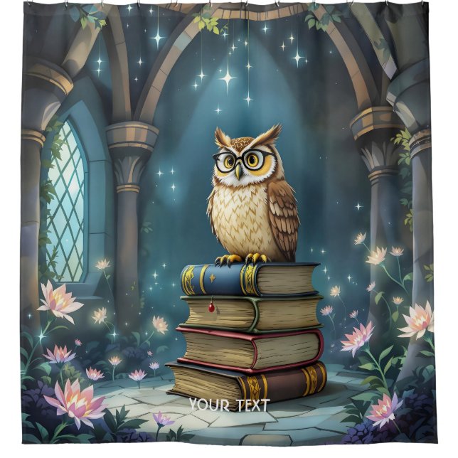 Fantasy Cute Owl Glasses Books Shower Curtain (Front)