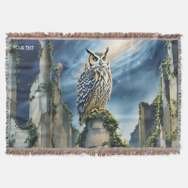 Fantasy Cute Owl Old Ruins Throw Blanket (Front)