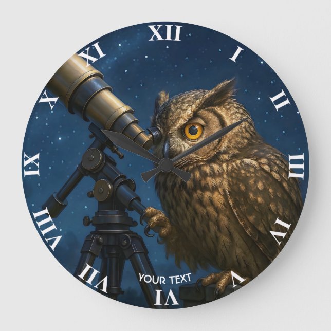 Fantasy Cute Owl Telescope Night  Large Clock (Front)