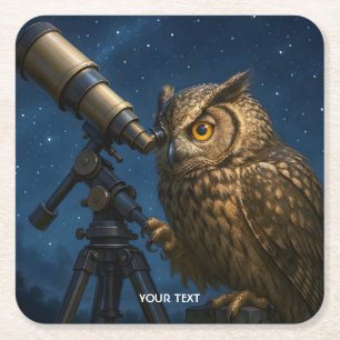Fantasy Cute Owl Telescope Night Square Paper Coaster