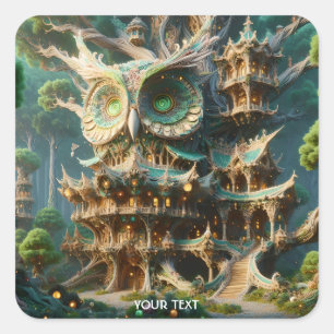 Fantasy Cute Owl Tree House Square Sticker