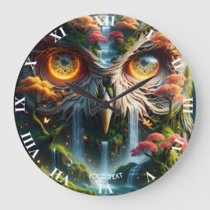 Fantasy Cute Owl Waterfall Trees Large Clock