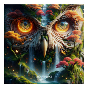 Fantasy Cute Owl Waterfall Trees Poster