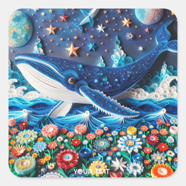 Fantasy Cute Paper Whale Flowers Square Sticker (Front)