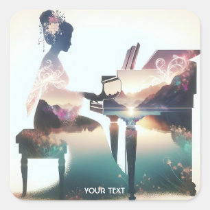 Fantasy Cute Pastel Piano Girl Square Sticker