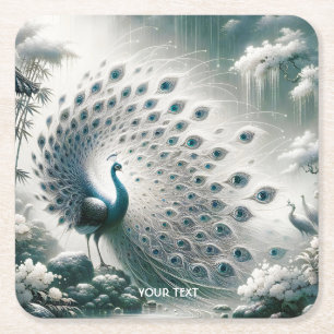 Fantasy Cute Peacock Rain Tree Square Paper Coaster