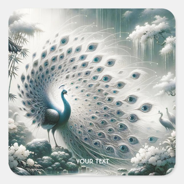 Fantasy Cute Peacock Rain Tree Square Sticker (Front)