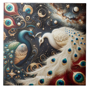 Fantasy Cute Peacocks Crescent Feathers Tile